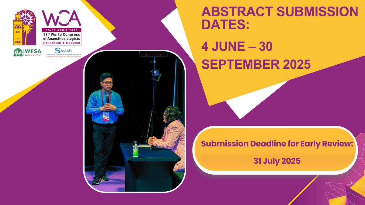Your research deserves the spotlight!

Submit your abstract to #WCA2026 and join peers from 130+ countries sharing breakthrough ideas.

Submit now: wcacongress.org/abstracts/

#Abstracts #AnaesthesiaResearch #WCA2026