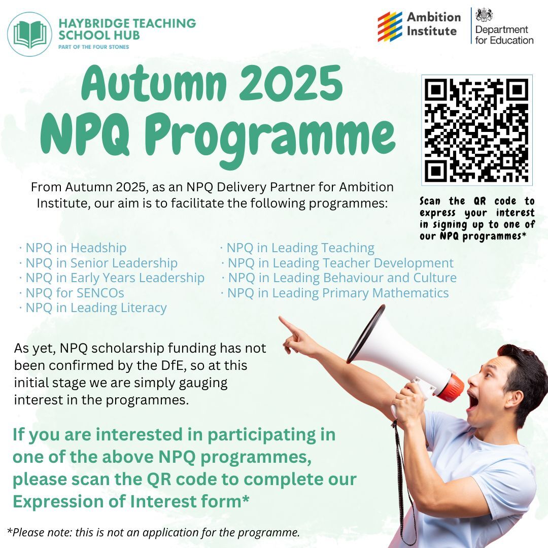 Interested in completing an NPQ next academic year? Follow the link or scan the QR code to express your interest with us. eu1.hubs.ly/H0kPCVQ0
Programmes are yet to be confirmed and will be available depending on numbers, and DfE funding.