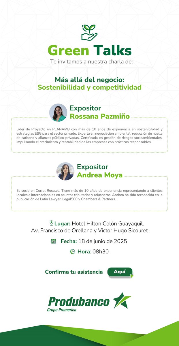 Acompáñanos en GreenTalks de Produbanco: “Más allá del negocio: sostenibilidad y competitividad”, con nuestra socia Andrea Moya como expositora.

📅 18 de junio de 2025 
⏰ 08:30 AM
📍 Hilton Colón Guayaquil

🔗 Regístrate aquí: produbanco.optimalworkshop.com/questions/3a55…
