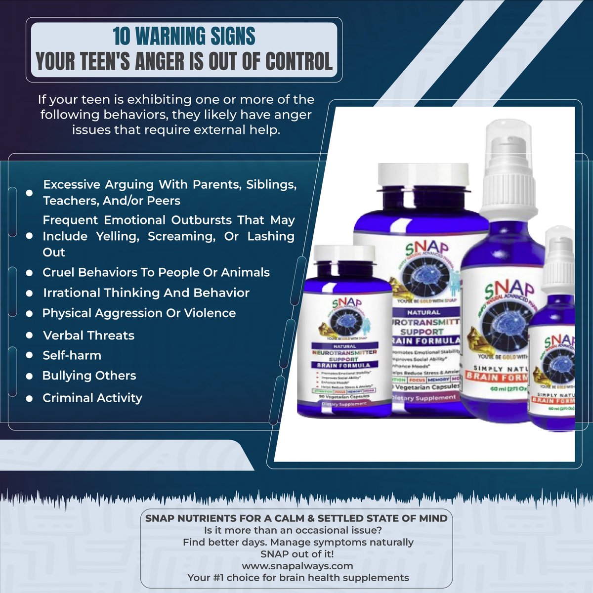 Seeing signs of anger in your teen? 😡 
It could be a good time to seek assistance.
Snap Always provides natural supplements to help promote a peaceful mind. 
Experiencing frequent arguments or aggressive behavior? 
Check out snapalways.com  #TeenHealth #MentalWellness