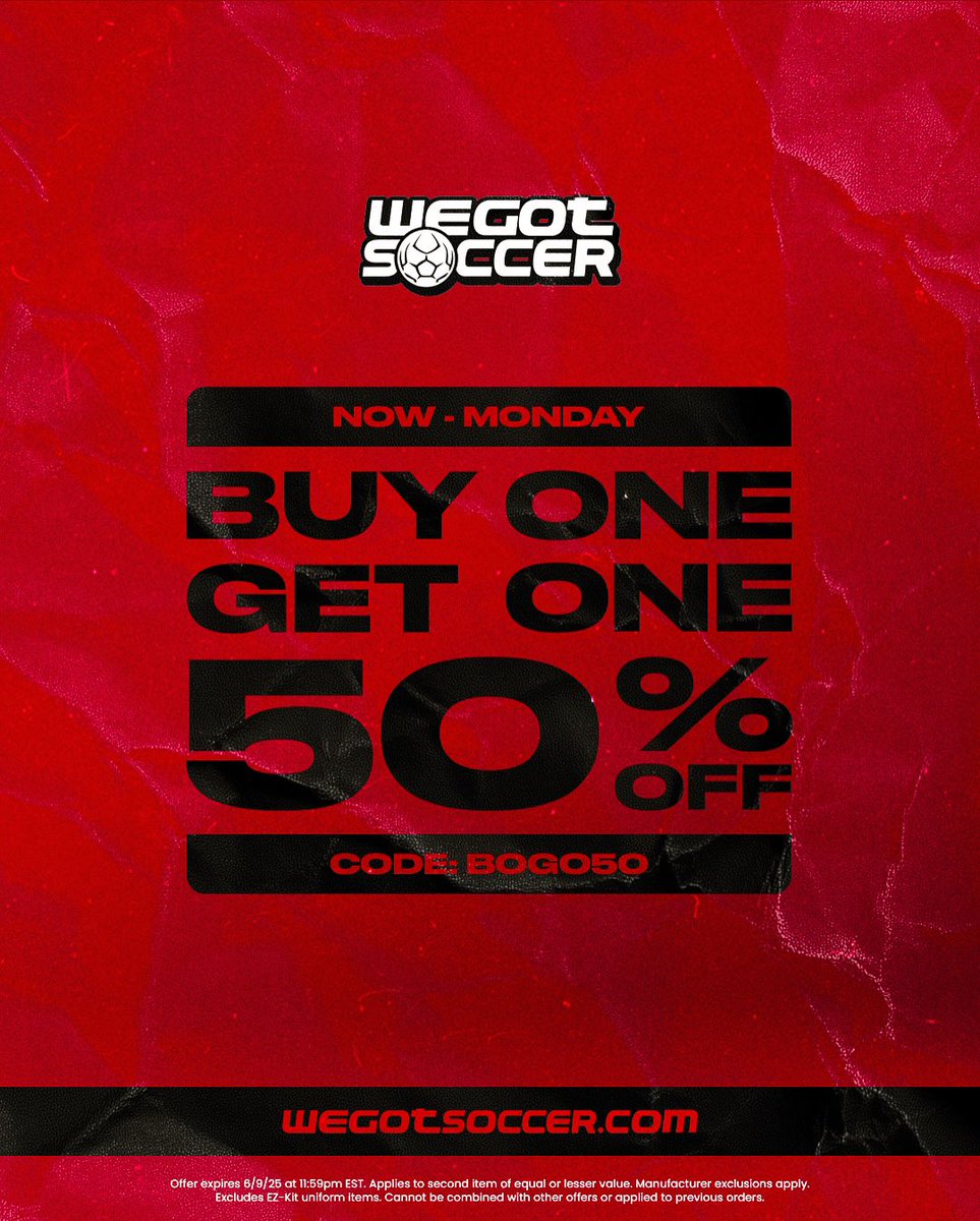 FLASH SALE: Buy One, Get One 50% Off 🚨

Now–Monday only

Code: BOGO50

➡️ wegotsoccer.com