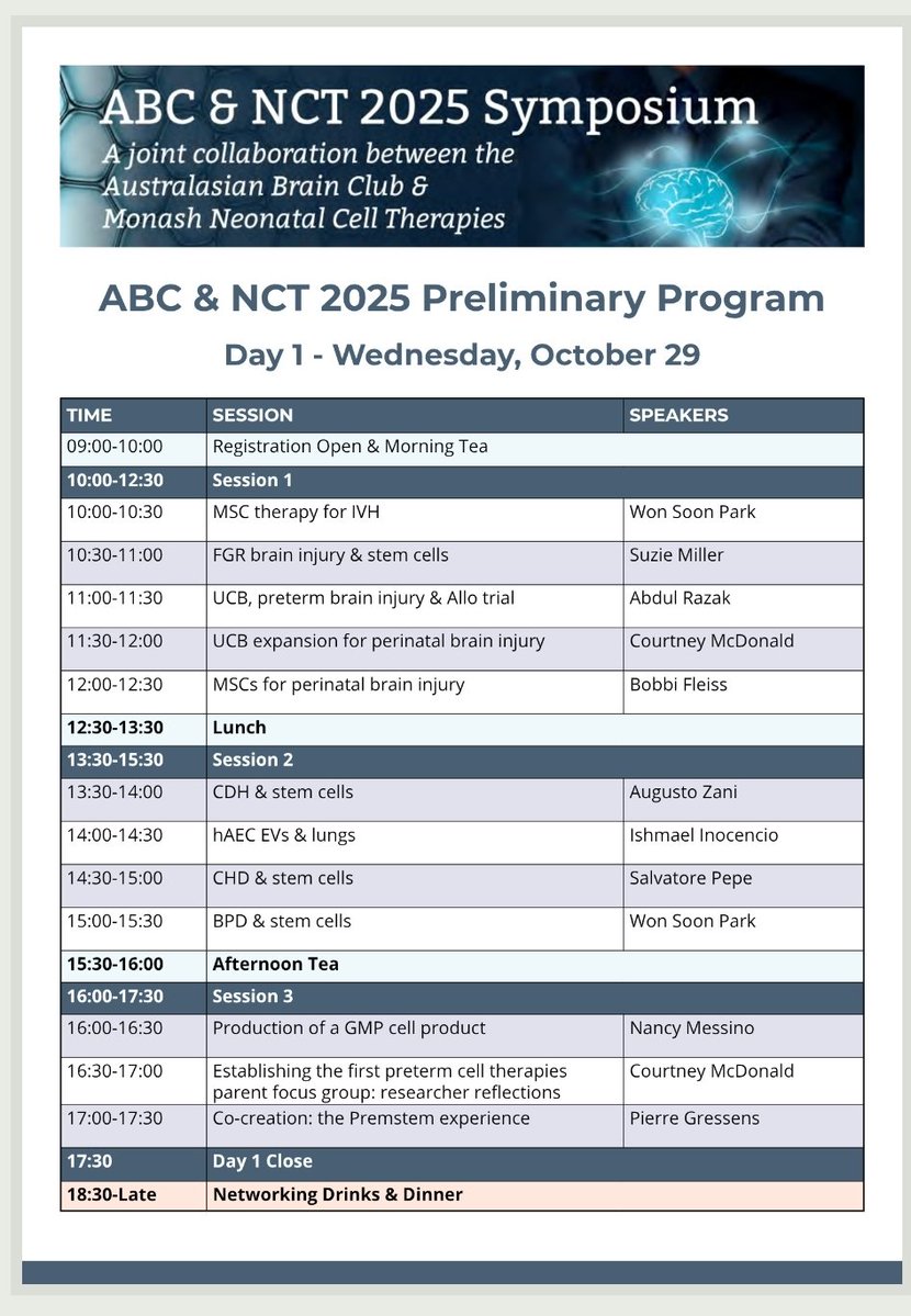 Atul Malhotra (@atul_monash) on Twitter photo Preliminary program of the NCT2025 Symposium - Day 1 at the combined <a href="/Neo_CellTherapy/">Newborn Cell Therapies</a> & <a href="/AusNZBrainClub/">Australasian Brain Club</a> to be held in Noosa (QLD) later this year is out.
Check it out 👀 !
Registrations & more info: australasianbrainclub.com/meetings-and-e… Preliminary program of the NCT2025 Symposium - Day 1 at the combined <a href="/Neo_CellTherapy/">Newborn Cell Therapies</a> & <a href="/AusNZBrainClub/">Australasian Brain Club</a> to be held in Noosa (QLD) later this year is out.
Check it out 👀 !
Registrations & more info: australasianbrainclub.com/meetings-and-e…