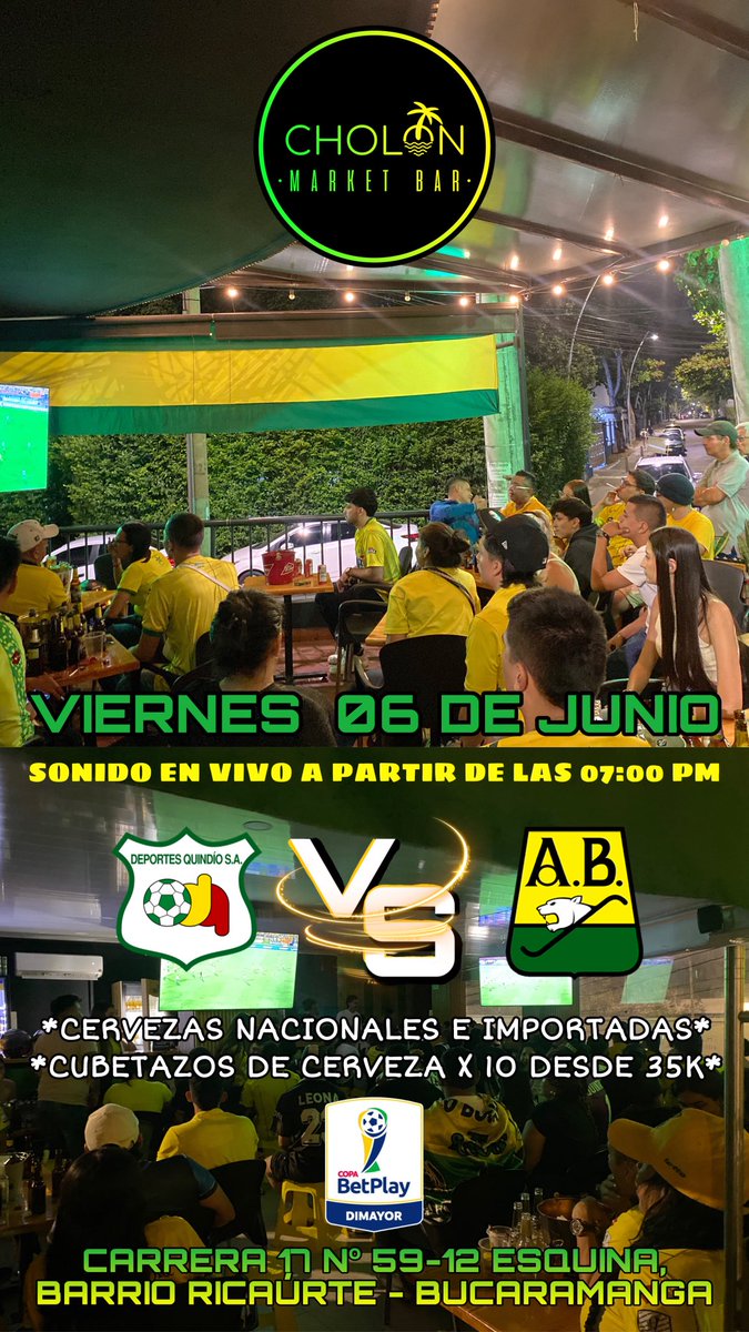 <a href="/cholonbga/">CHOLÓN MARKET BAR</a> 🔜  Segundo encuentro Copa BETPLAY; vamos todos apoyar al LEOPARDO, Viernes 06 de Junio a partir de las 07:00 pm; Deportes Quindio VS ATLETICO BUCARAMANGA🟡🟢 🐯🐆🔰 

¡TE ESPERAMOS!

Ubicación:

📍Carrera 17 # 59-12 Esquina, barrio Ricaurte.