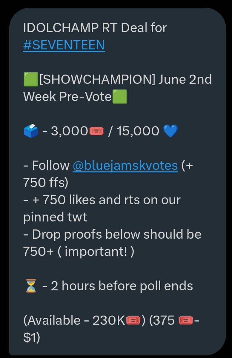 CARATS ANOTHER 3K 🎟️ RT DEAL FOR SHOW CHAMPION‼️

PLEASE ENGAGE, DROP YOUR PROOFS, AND SHARE 🙏
LET'S FINISH THIS ASAP! 

IDOLCHAMP RT Deal for #SEVENTEEN

🟩[SHOWCHAMPION] June 2nd Week Pre-Vote🟩

🗳 - 3,000🎟 / 15,000 💙

- Follow <a href="/bluejamskvotes/">Kitty Voting Store</a> (+750 ffs)
- +750 likes and