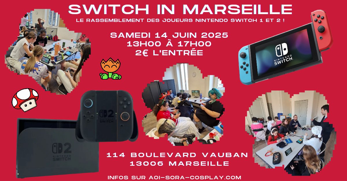 Notre event Switch in Marseille est de retour !
📅 14 juin | 🕐 13h00–17h00
Entrée : 2€

Viens tester la Switch 2  🔥
Convivialité, fun &amp; gaming au rendez-vous ! 
#SwitchInMarseille #Switch2 #Esport