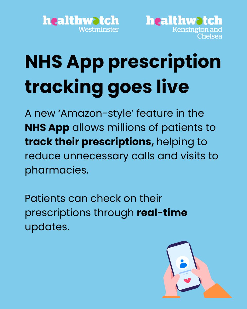 A new 'Amazon-style' feature in the NHS App now allows millions of patients to track their prescriptions, helping to reduce unnecessary calls and visits to pharmacies.

Read our article for more information: healthwatchwestminster.org.uk/news/2025-06-0…