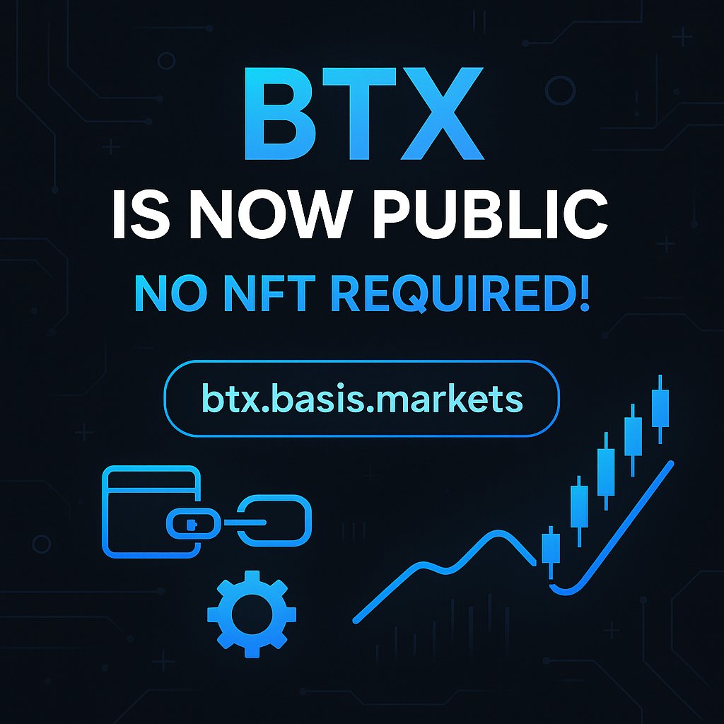 1/4
🚨 Big News: BTX is now OPEN TO EVERYONE 🚨

No NFT required. No gatekeeping.

Connect your wallet at btx.basis.markets &amp; start automating Basis, Reverse Basis, and Long/Short trades.

Delta-neutral power is now just a click away 👇

#BTX #PublicLaunch #DeltaNeutral