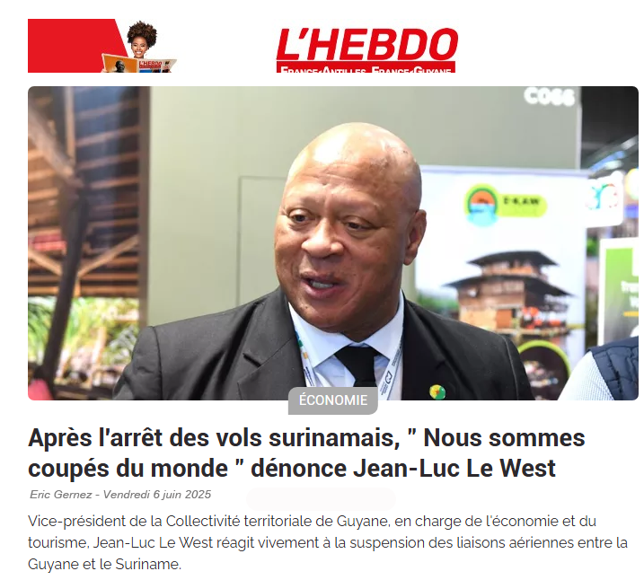 eric_gernez's tweet image. Interrogé sur la situation compliquée de l'aéronautique au #Suriname, le Vice-Président de la #CTG donne une interview sans langue de bois : "La #Guyane fait partie des victimes de cette décision, nous sommes coupés du monde".
@franceguyane 
franceguyane.fr/actualite/econ…