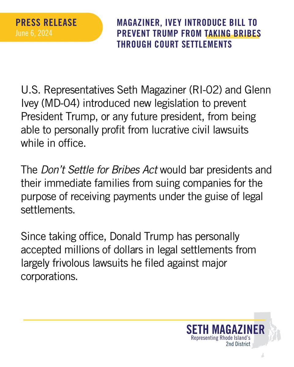 Congressman Seth Magaziner (@rep_magaziner) on Twitter photo Trump’s pulling a mob boss move: suing companies like Meta and Paramount, then pocketing millions when they settle.
That’s not leadership. It’s corruption.
I’m teaming up with <a href="/RepGlennIvey/">Rep. Glenn Ivey</a> to shut it down with our new Don't Settle for Bribes Act. Enough is enough. ⚖️ Trump’s pulling a mob boss move: suing companies like Meta and Paramount, then pocketing millions when they settle.
That’s not leadership. It’s corruption.
I’m teaming up with <a href="/RepGlennIvey/">Rep. Glenn Ivey</a> to shut it down with our new Don't Settle for Bribes Act. Enough is enough. ⚖️