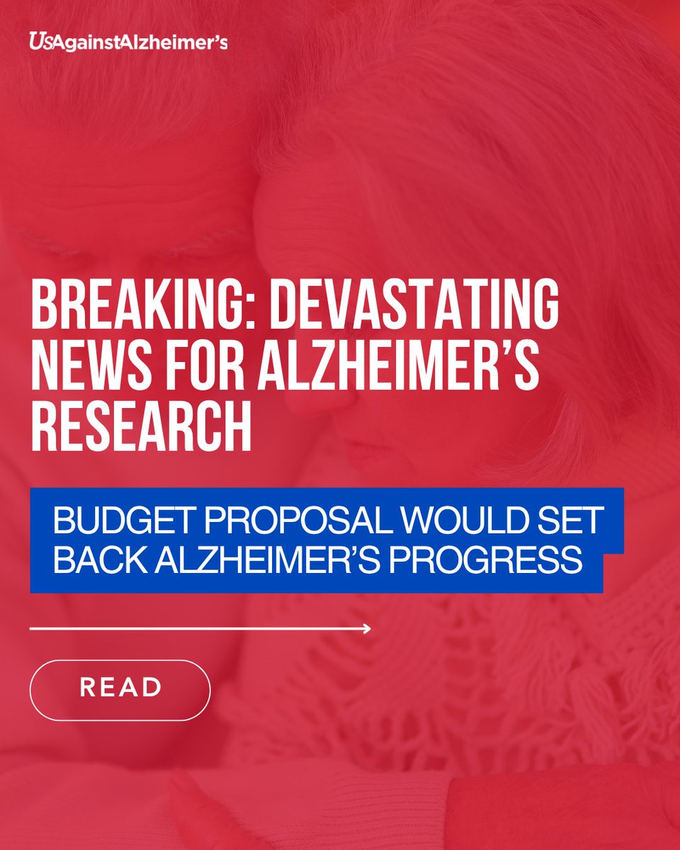UsAgainstAlz's tweet photo. Devastating news for Alzheimer’s research.

The President’s FY26 budget proposal threatens to reverse years of progress in the fight against Alzheimer’s &amp; related dementias—putting nearly all future research at risk.

Read the statement from @vradenburg3: https://t.co/yuYyegnHs9 https://t.co/6fqlM5Xqbz