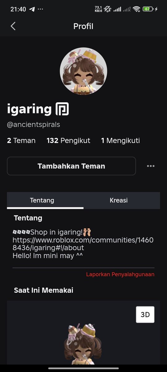 Kemarin ada yg nyari baju roblox lucu kan? Kalian bisa kepoin akun dan komunitas (di dlm roblox nya), namanya igaring... Disini dari hair, aksesories kepala, pakaian, dsb pun adaaa. Semoga membantu 🤩 kalau mau liat komunitas lain pun ada, kebetulan aku join banyak komunitas...
