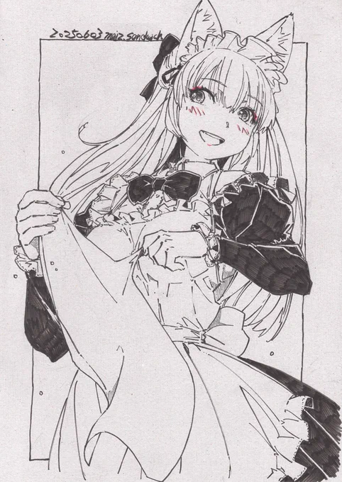 【アナログ2301:初夏のメイド】病院で描いた絵を自宅で仕上げ。
#モノクロ #メイド #狐娘 