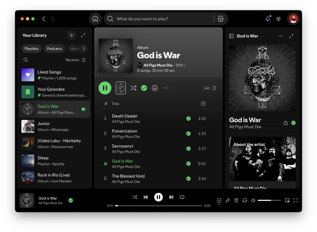 is the @spotify ui really good? 

always felt like a primordial soup to me, everything everywhere all at once

two play buttons, one is green the other white; green for pins / play / volume icon / library checkmark 

what even is the library? downloads?