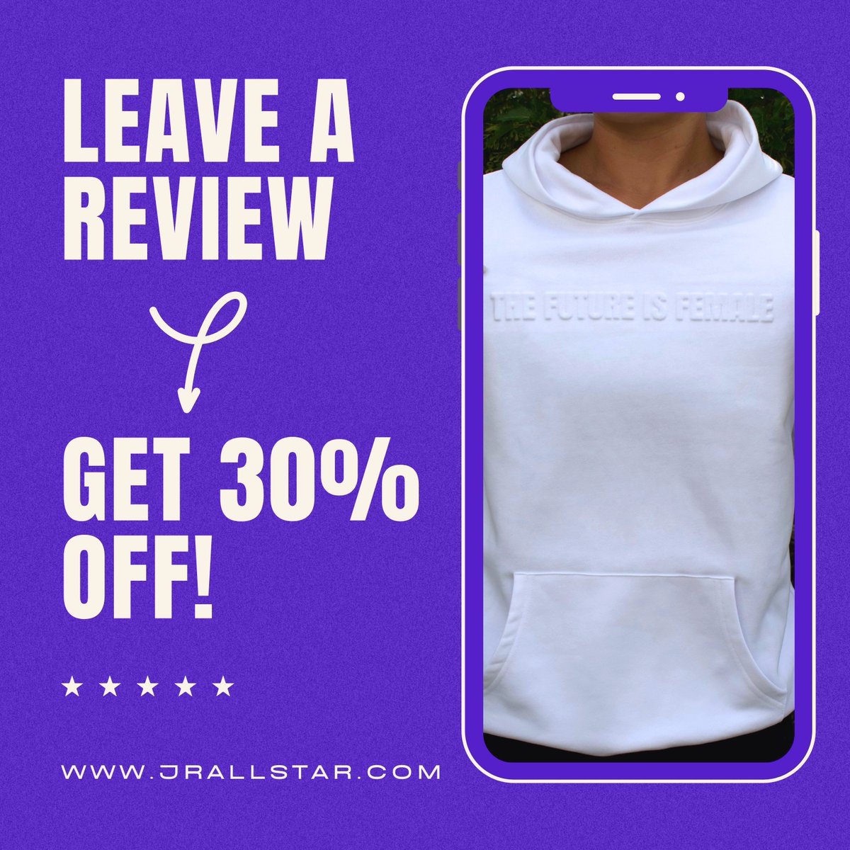 Leave a review ➡️ Get 30% off your next hoodie purchase!

Have you purchased one of our hoodies? Let us know what you think! 😁 Visit jrallstar.com/shop/, click on the hoodie you purchased &amp; click on the review tab towards the bottom of the page.