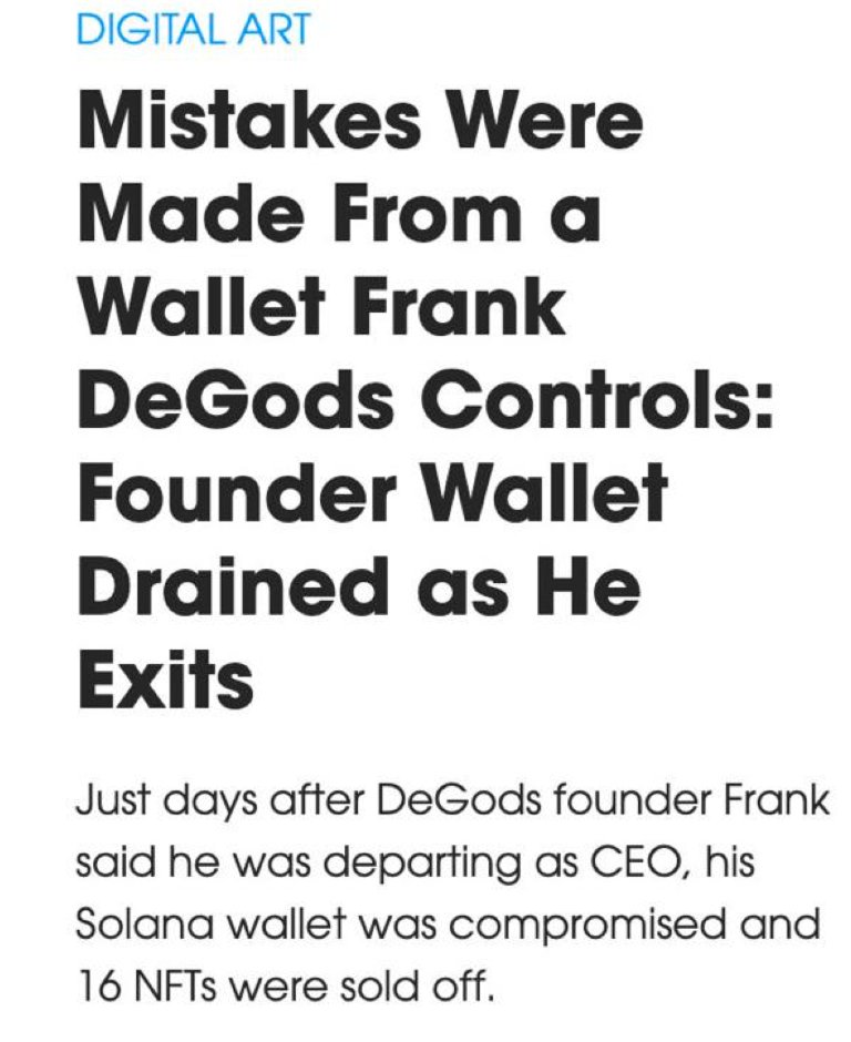 Hackers broke into DeGods founder's $SOL wallet - stealing 16 NFTs worth $19,000.
#Solana #SOL #hacks