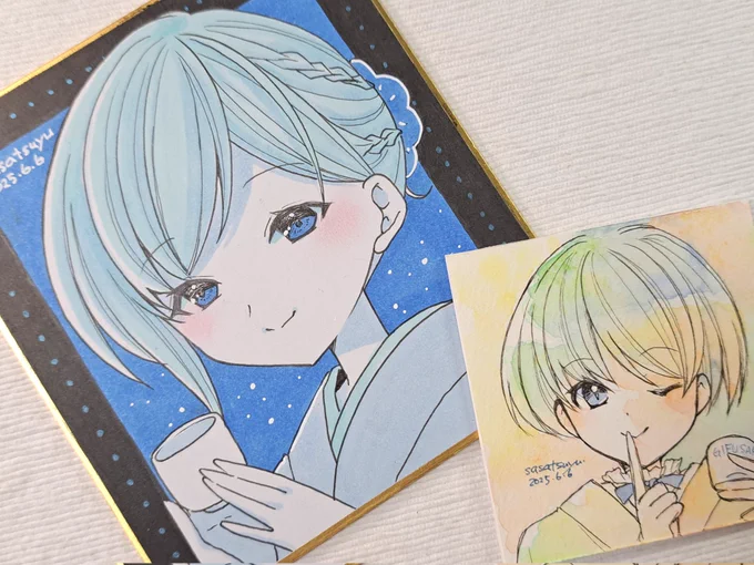 直筆はくじ景品にあるけど、決め打ちで直筆欲しいよって方向けになんとか描けたやつ。 他にも景品に入れてない直筆あった気がするんだけどたぶん会場に忘れてきたんだわ 「直筆は持って帰らなアカンかったな」と思いながらまとめてたはずなのに持ち帰った荷物に見当たらぬ… #岐阜の日本酒イラスト展