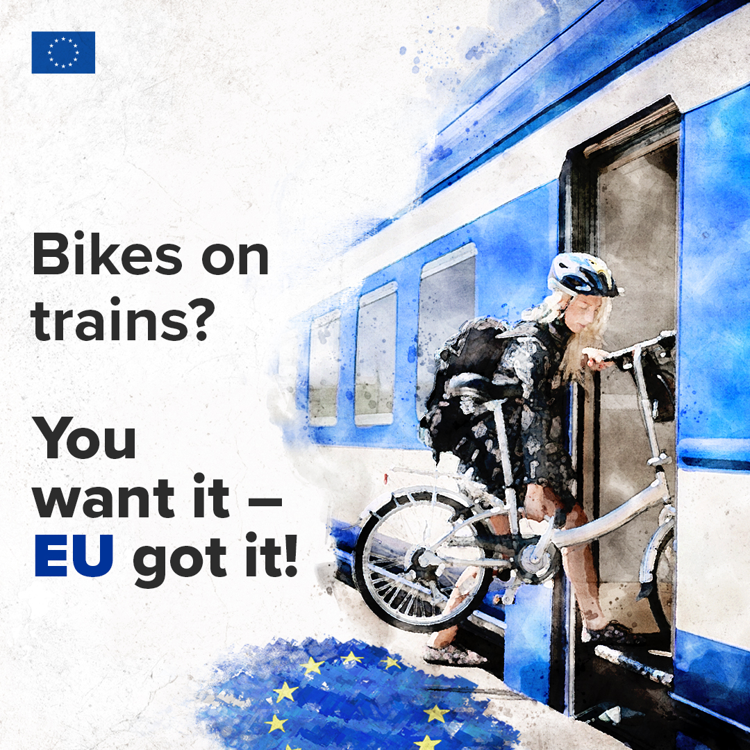 Hop on, ride off! 🚆🚲

As of today, bikes are welcome on-board of EU trains. All new and upgraded trains in the EU will have dedicated spots for full-sized bicycles.

Now you can ride wherever the train takes you!