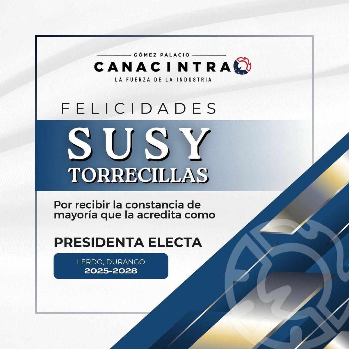 🎉 ¡Felicidades, Susy Torrecillas! 🎉

La familia de CANACINTRA Gómez Palacio 👷‍♀️⚙️ se enorgullece en felicitarte por recibir la constancia de mayoría 🗳️ que te acredita como:

✨ Presidenta Electa ✨
📍 Lerdo, Durango
📅 Periodo 2025 - 2028

#ValorCanacintraGP
#CanacintraGP