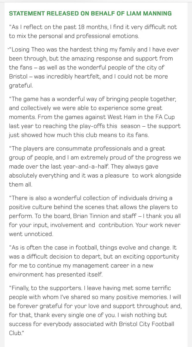RossArnottITV's tweet image. A classy statement from former Bristol City Head Coach Liam Manning to the red army.
‘I could not be more grateful’
Search for his successor still ongoing… #Bristolcity @itvwestcountry