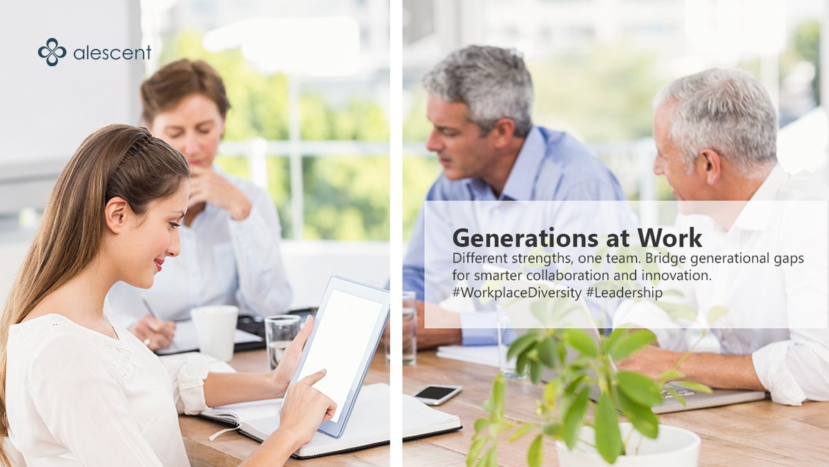 Alescent's tweet image. A Baby Boomer, Gen Xer, Millennial &amp;amp; Gen Zer walk into a meeting… not a joke, just work! Harness generational strengths for better collaboration &amp;amp; innovation.

#Leadership #Collaboration #MultigenerationalWorkforce #Diversity #Teamwork