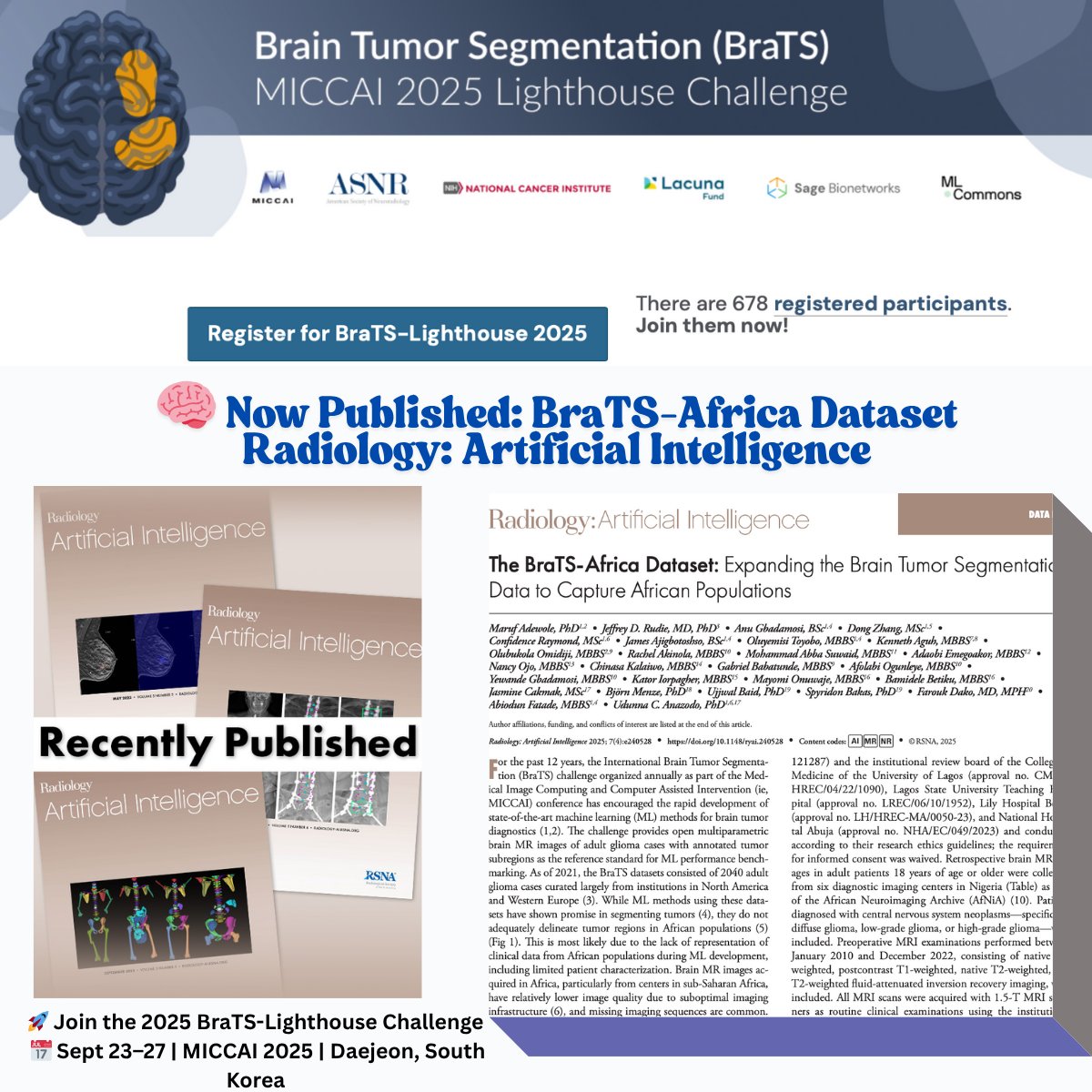📢 À la suite de la publication du jeu de données #BraTSAfrica et en vue du prochain #BraTS2025 Challenge, nous franchissons une nouvelle étape :

🧠 Participez au projet Brain Tumor Imaging Protocol Africa (BTIP-Africa)
🎯 Objectif : co-développer des lignes directrices