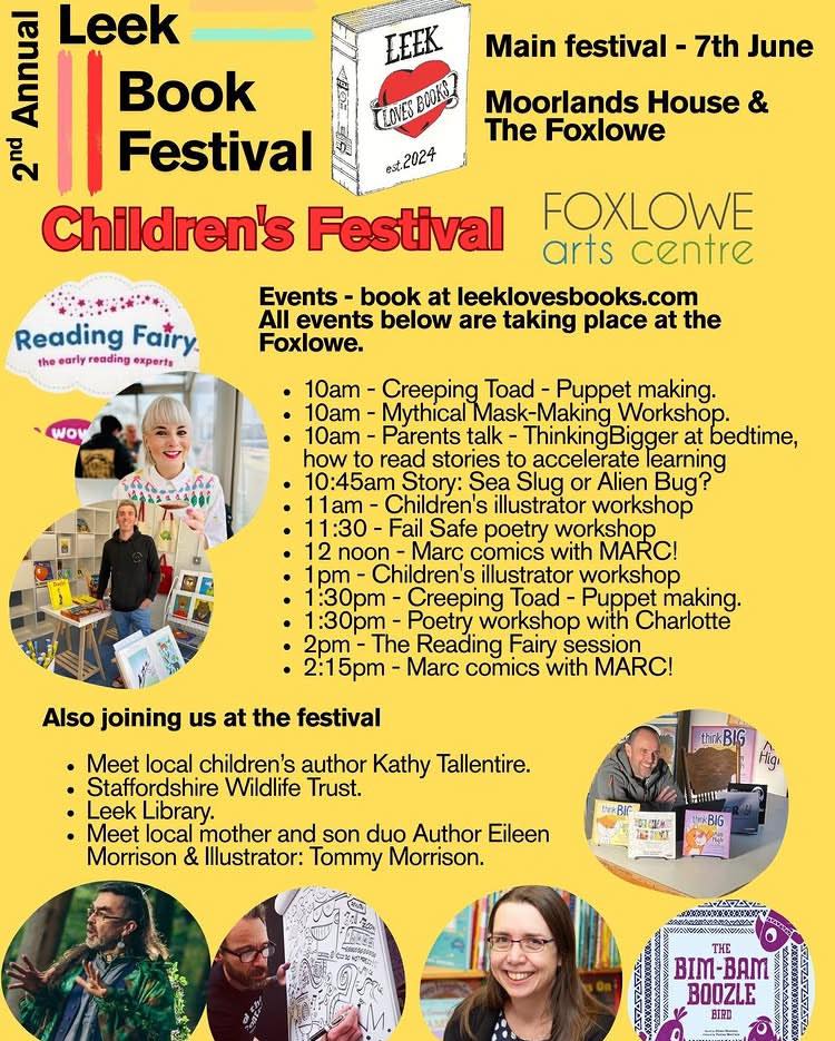 📚Leek Loves Books📚
The 2nd Leek Book Festival is happening this Saturday (7th June) at the Foxlowe Arts Centre and Moorlands House ( Staffordshire Moorlands District Council ).
📲leeklovesbooks.com