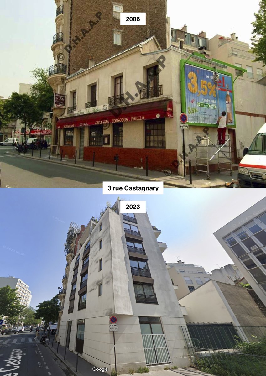 Densification et enlaidissement du quartier Saint-Lambert, Paris 15ᵉ :

➡️2007, démolition totale d’une maison faubourienne érigée à la fin du XIXᵉ siècle.

➡️2010, construction d‘un immeuble de 5 étages (11 logements). 

#saccageparis