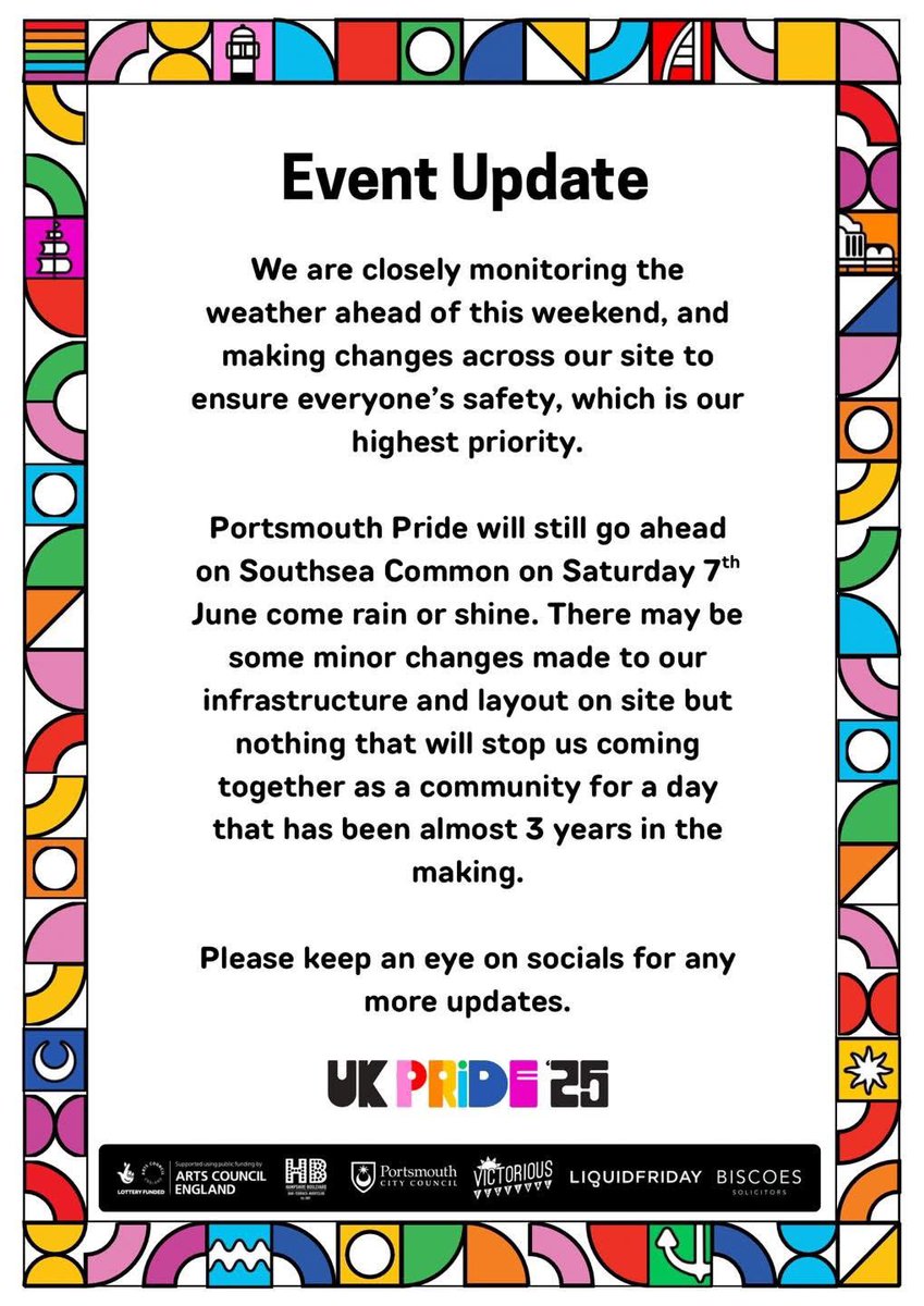 Portsmouth’s Express FM (@expressfm) on Twitter photo 🏳️🌈🏳️⚧️ We’re excited to be broadcasting direct from <a href="/pompey_pride/">Portsmouth Pride</a> / #UKPride2025 on Southsea Common tomorrow with all the on-site and backstage action!
👀☔️ A statement has been issued by the organisers regarding tomorrow’s weather forecast 👇 🏳️🌈🏳️⚧️ We’re excited to be broadcasting direct from <a href="/pompey_pride/">Portsmouth Pride</a> / #UKPride2025 on Southsea Common tomorrow with all the on-site and backstage action!
👀☔️ A statement has been issued by the organisers regarding tomorrow’s weather forecast 👇