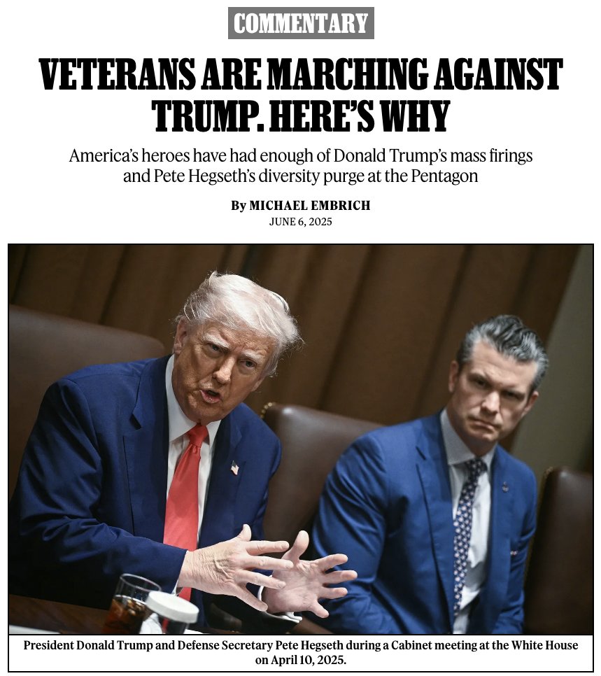 "Trump’s betrayal of the veterans community is unforgivable. But it is not unanswerable. We are answering. In protest. In court. In the media. At the ballot box."

Today, June 6 — D-Day — thousands will rally across the country to protest.

Commentary: rollingstone.com/politics/polit…