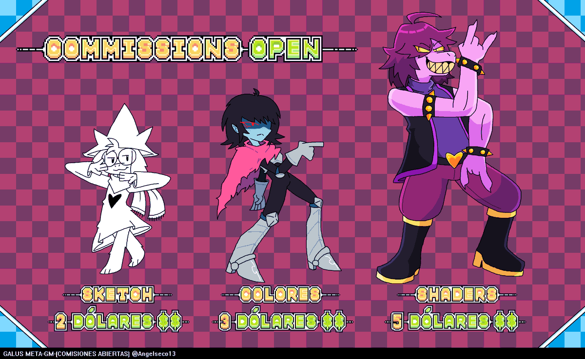Angelseco13's tweet photo. Hola, soy Galus Meta-GM, artista semi experimentado
Hago comisiones y puedes pedirme lo que quieras pueden ser tus personajes favoritos y oc mas información en el banner
#digitalart/ #commissionsopen /#illustration /#illustrationart/#DELTARUNE #deltarunespoilers https://t.co/E0EyncUmxQ