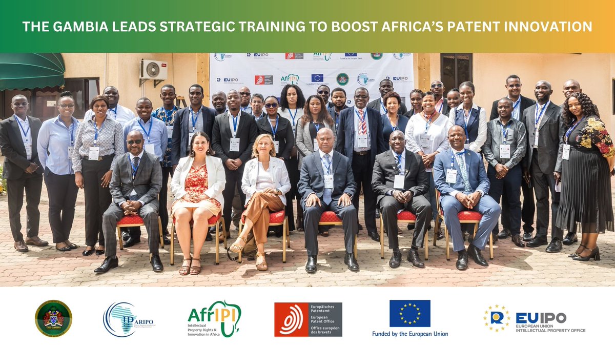 AfricaIPR's tweet photo. From 2–6 June, @EU_IPO, in the context of the #AfrIPI project, coordinated the final phase of the patent training in The Gambia🇬🇲.
The training was co-hosted by the Industrial Property Registration in The Gambia and organised in partnership with @_ARIPO and @EPOorg. https://t.co/pBsox2sTvk