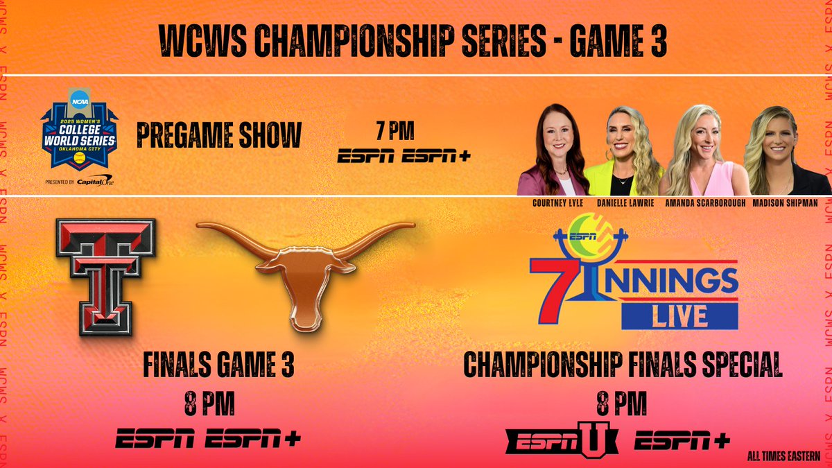 ESPN PR (@espnpr) on Twitter photo Friday, the '25 #WCWS all comes down to this 🏆
🥎 7p | NCAA WCWS Pregame Show
🥎 8p | <a href="/TexasTechSB/">Texas Tech Softball</a> vs <a href="/TexasSoftball/">Texas Softball</a>
🥎 8p | 7Innings Live: Championship Finals Special
All times ET | #NCAASoftball Friday, the '25 #WCWS all comes down to this 🏆
🥎 7p | NCAA WCWS Pregame Show
🥎 8p | <a href="/TexasTechSB/">Texas Tech Softball</a> vs <a href="/TexasSoftball/">Texas Softball</a>
🥎 8p | 7Innings Live: Championship Finals Special
All times ET | #NCAASoftball