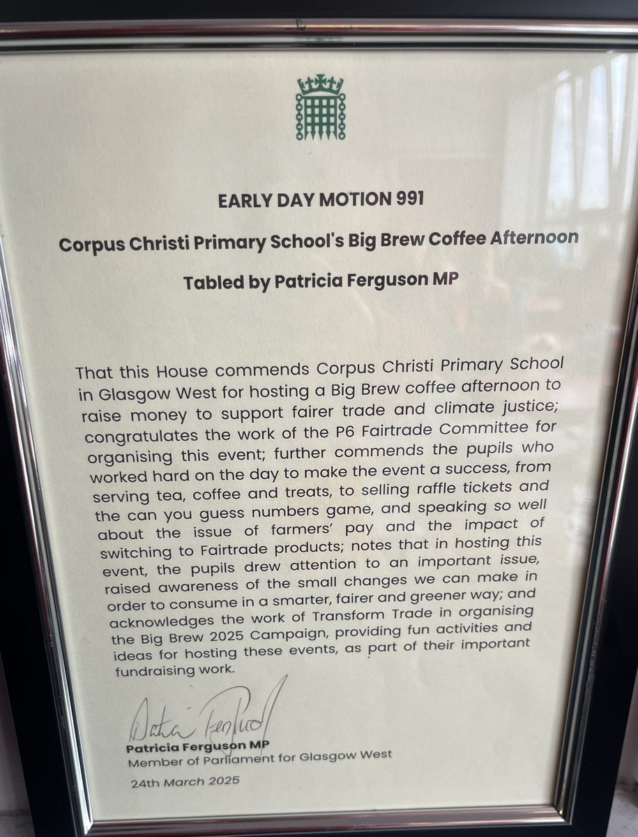 P6A were delighted to have a visit from <a href="/PJFerguson18/">Patricia Ferguson</a> to gift them a framed copy of a Motion in Parliament that commends the hard work from P6a’s Fairtrade Coffee Afternoon,P6a organised, raised money &amp; highlighted the importance of buying Fairtrade products <a href="/CorpusChristi_K/">Corpus Christi PS</a> ✨☕️