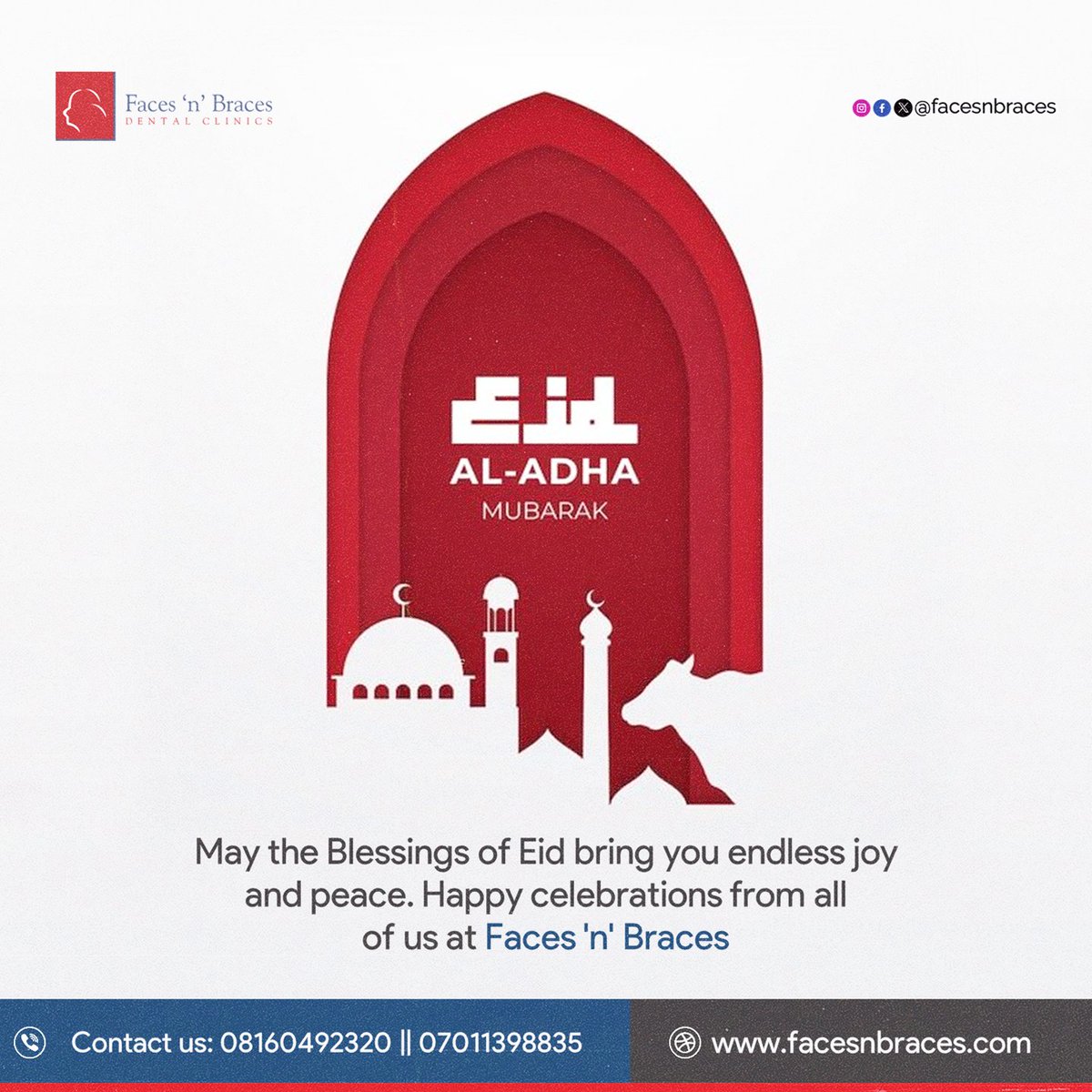 Wishing you a joyous Eid al-Adha celebration! May this blessed season bring you and your loved ones peace, happiness, and fulfillment. 

Eid Mubarak from all of us at Faces 'N' Braces Dental Clinics! 🎉

#facesnbraces #EidMubarak #SeasonsGreetings