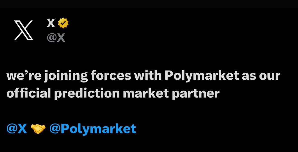 🔥 Breaking: X just announced a partnership with Web3 prediction marketplace <a href="/Polymarket/">Polymarket</a>!

The <a href="/0xPolygon/">Polygon</a> powered app is bringing onchain predictions to the mainstream.