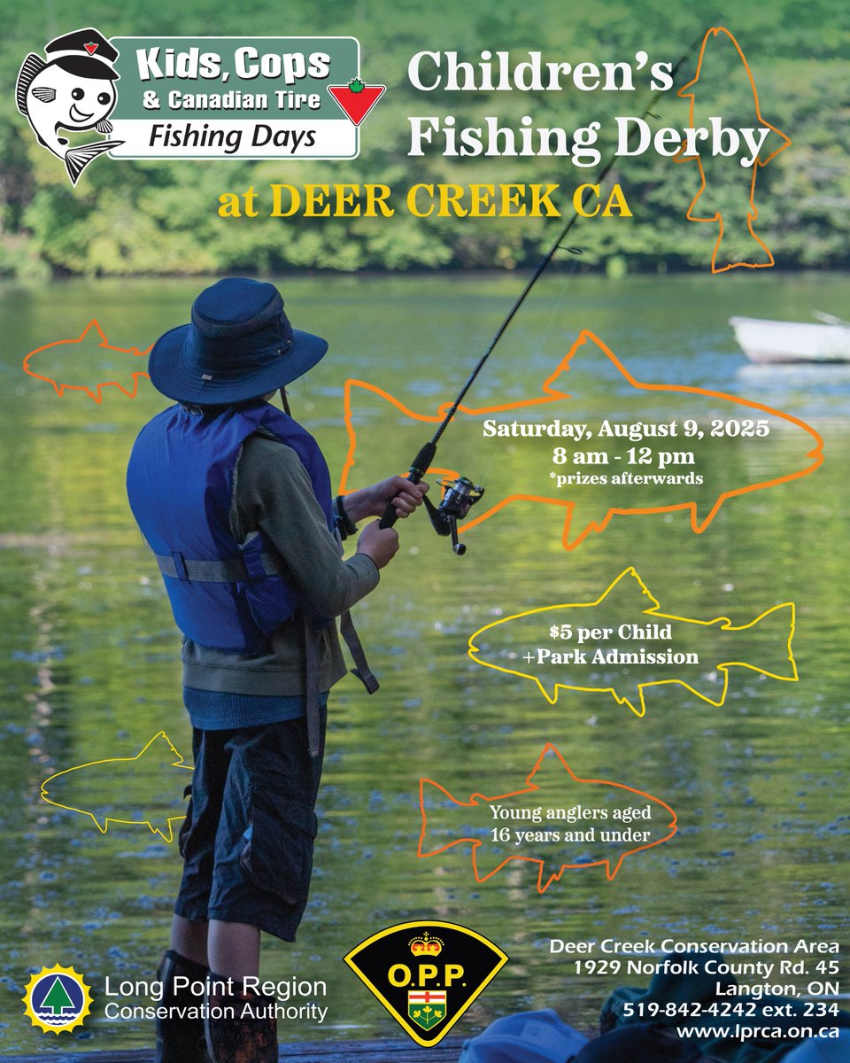 The Kids, Cops &amp; Canadian Tire Fishing Days Deer Creek CA fishing derby is set to take place on Saturday, August 9th!! 🎣Mark your calendars and get your rods ready for a morning of catching fish and making memories!

#deercreekconservationarea #fishingderby2025
