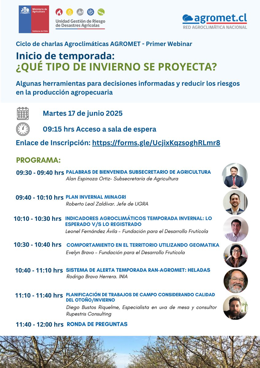 Portal Agroclimático (@agroclimaticocl) on Twitter photo 😵¡¡AGÉNDELO DESDE YA!! El 17 de junio realizaremos el 1er Webinar <a href="/Agromet_RAN/">Agromet</a> titulado: "¿Qué tipo de invierno se proyecta?".
¡¡No se pierda estas interesantes exposiciones para el agro!!
ENLACE DE INSCRIPCIÓN: forms.gle/whJzEMKkPSVkwS…
<a href="/MinagriCL/">Ministerio de Agricultura de Chile 🇨🇱</a> <a href="/Sub_Agricultura/">Subsecretaría de Agricultura</a> 😵¡¡AGÉNDELO DESDE YA!! El 17 de junio realizaremos el 1er Webinar <a href="/Agromet_RAN/">Agromet</a> titulado: "¿Qué tipo de invierno se proyecta?".
¡¡No se pierda estas interesantes exposiciones para el agro!!
ENLACE DE INSCRIPCIÓN: forms.gle/whJzEMKkPSVkwS…
<a href="/MinagriCL/">Ministerio de Agricultura de Chile 🇨🇱</a> <a href="/Sub_Agricultura/">Subsecretaría de Agricultura</a>