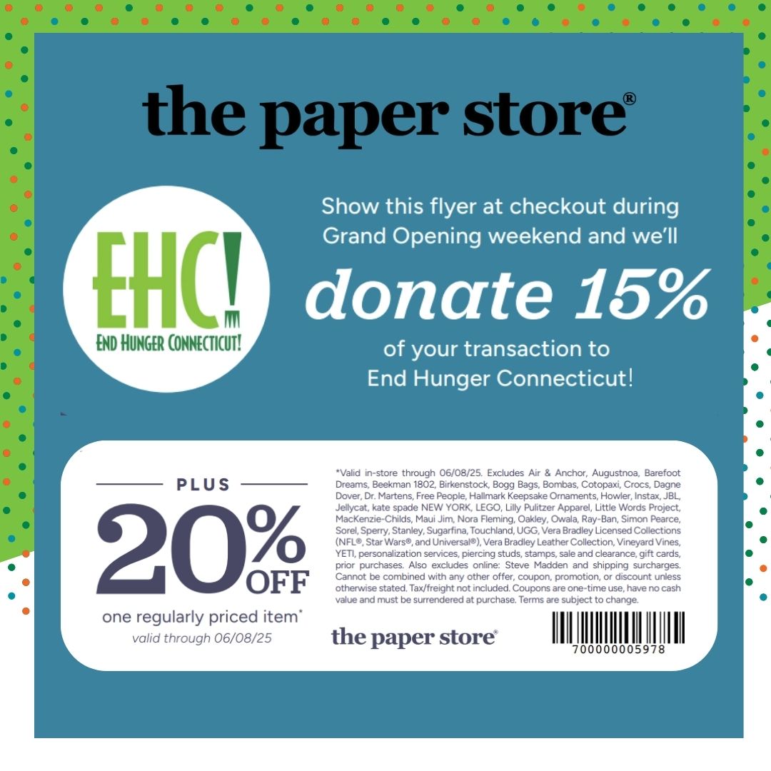 🎉 Shop for a cause this weekend at The Paper Store's grand opening in Bristol, CT!

🗓️ June 7–8
📍 594 Farmington Ave.
Show the coupon (second photo) to:
✔️ Donate 15% to End Hunger CT!
✔️ Get 20% off 1 item!

#EndHungerCT #ShopForACause