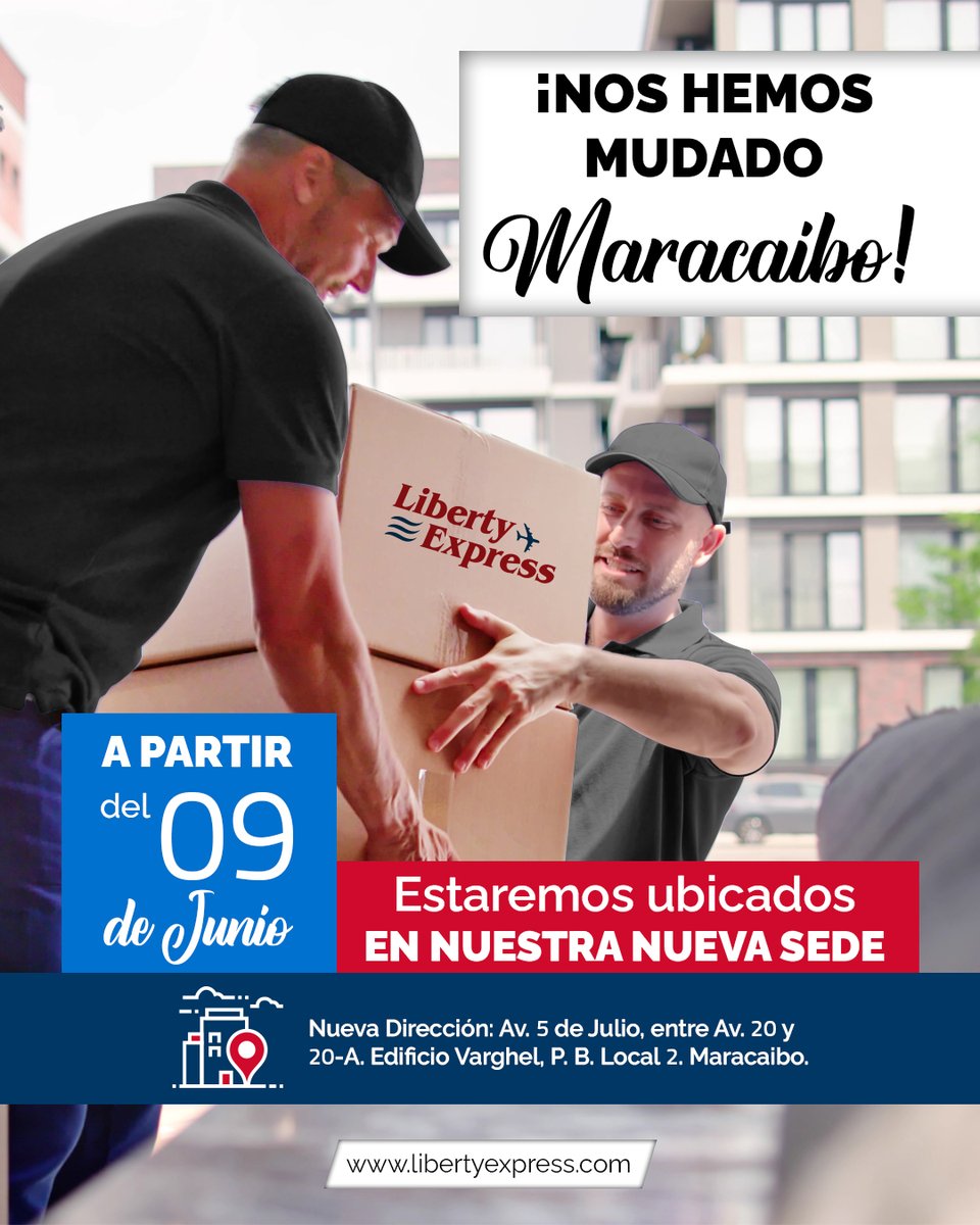 🚚📦 ¡MARACAIBO TE ESPERAMOS EL LUNES 09 DE JUNIO EN NUESTRA NUEVA DIRECCIÓN✈️

📍 NUESTRA NUEVA DIRECCIÓN: Av. 5 de Julio, entre Av. 20 y 20-A. Edificio Varghel, P. B. Local 2 Maracaibo.

#servicio #mudanza #paquetes #nuevadirección #venezuela #maracaibo #LibertyExpress #envíos
