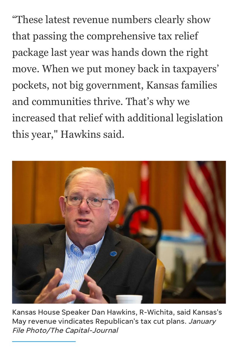 These latest revenue numbers clearly show that passing the comprehensive tax relief package last year was hands down the right move. When we put money back in taxpayers’ pockets, not big government, Kansas families and communities thrive. 

cjonline.com/story/news/pol…