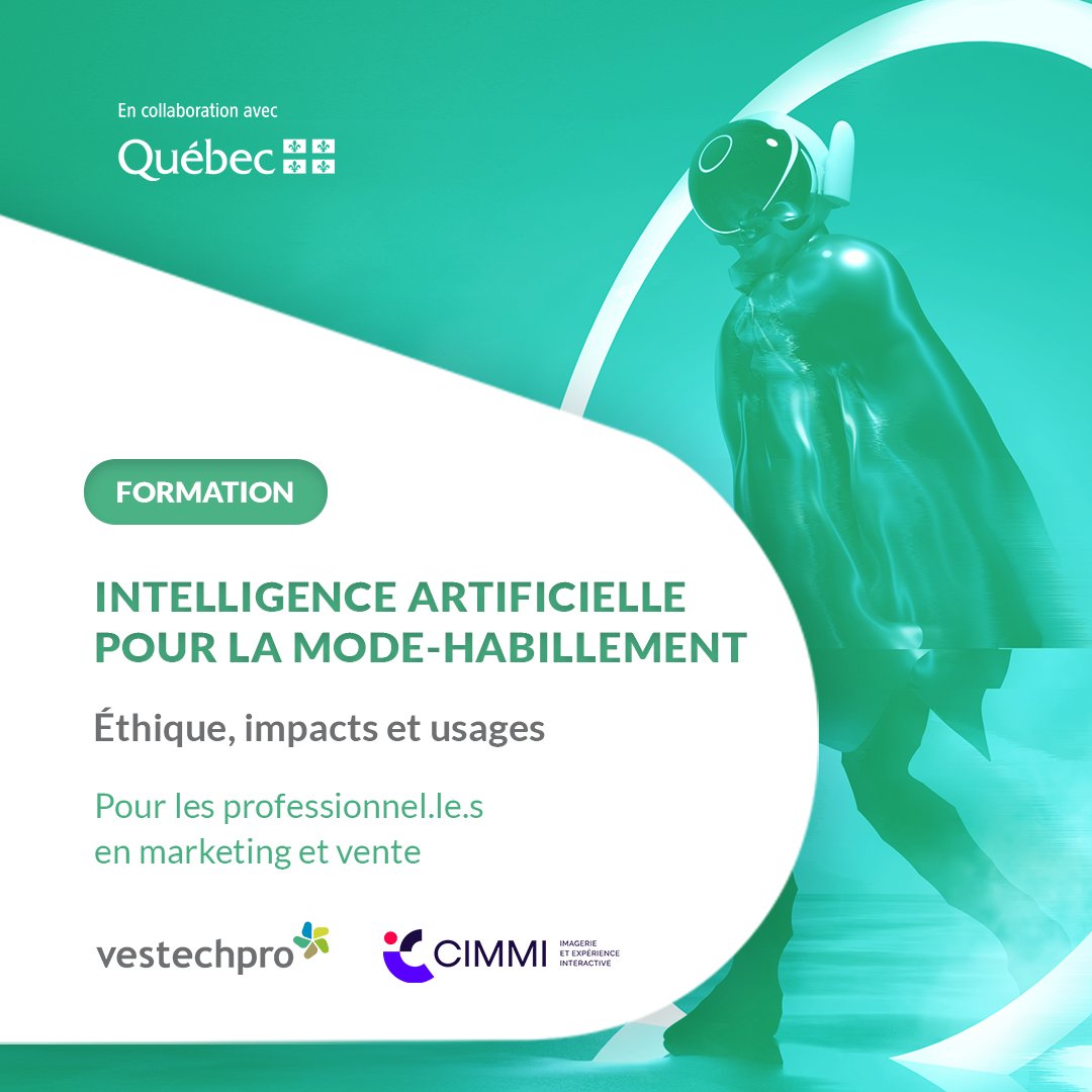 📢Formation : Profesionel.le.s en marketing et vente, participez à notre formation spécialisée en intelligence artificielle pour la mode et l’habillement au Québec, offert conjointement avec le <a href="/CIMMI64010551/">CIMMI</a> : vestechpro.com/fr/actualites/…