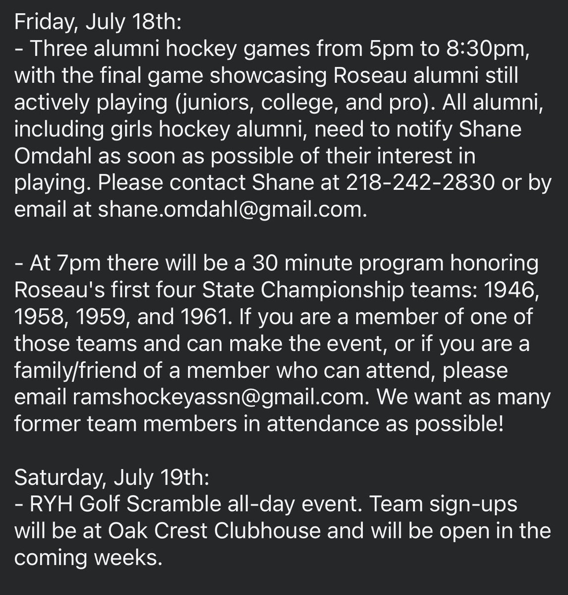 🚨 2025 Roseau Hockey Reunion 🚨

🗓️ July 18th - 19th

Details below 👇
