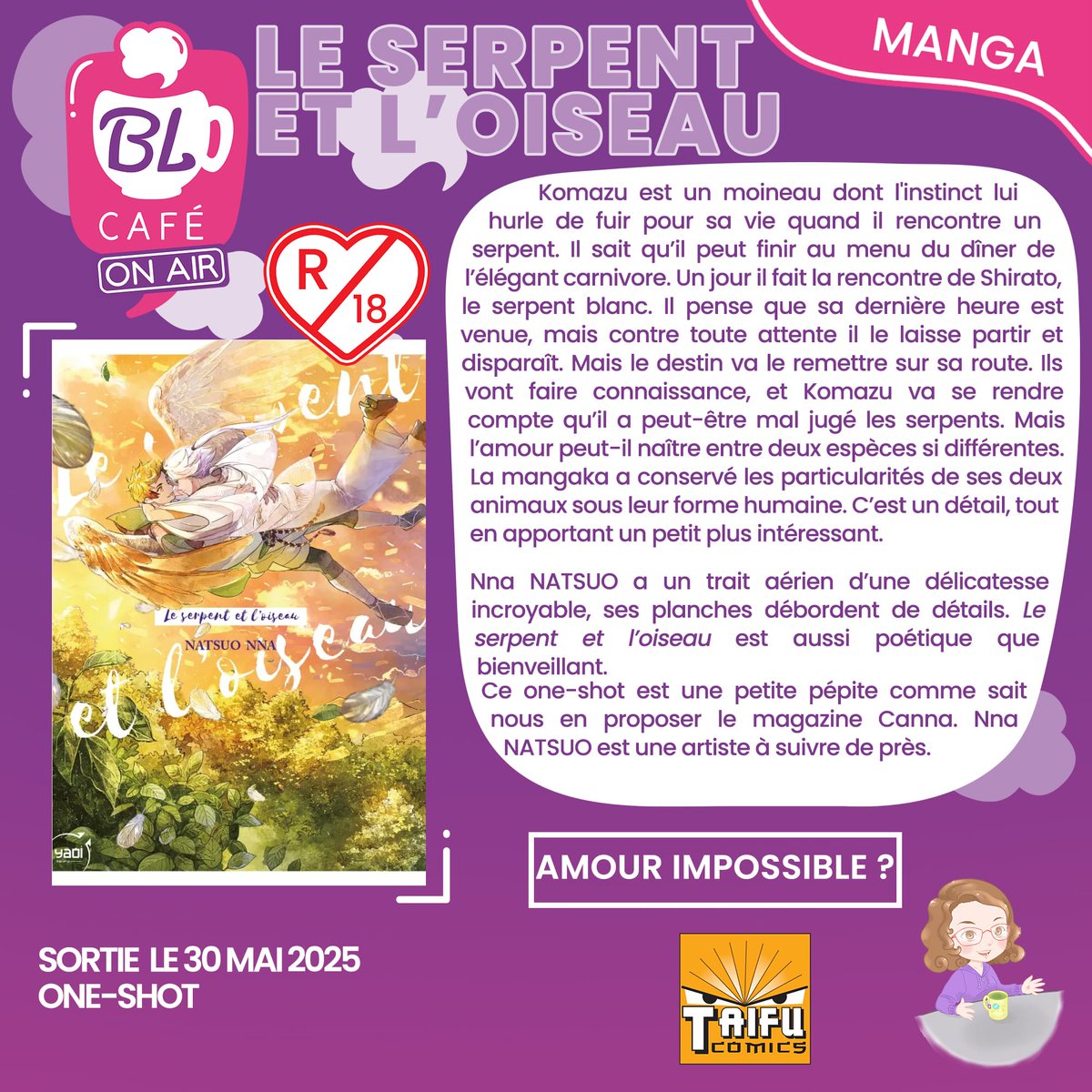 Aujourd’hui, <a href="/tanja_LastEve/">Tanja</a> vous parle d’une pépite signée Nna NATSUO ! "Le serpent et l’oiseau" est un one-shot poignant et délicat à retrouver chez <a href="/TaifuComics/">Taifu Comics</a>  🐍🕊️