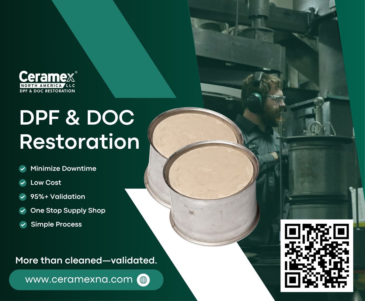 Tip: Not all DPFs are created equal—and neither are restorations.

Ceramex delivers 95%+ validation with every DPF &amp; DOC we restore.
✔️ Less downtime
✔️ Lower cost
✔️ Verified performance

More than cleaned—validated.

#DPF #FleetMaintenance #Emissions