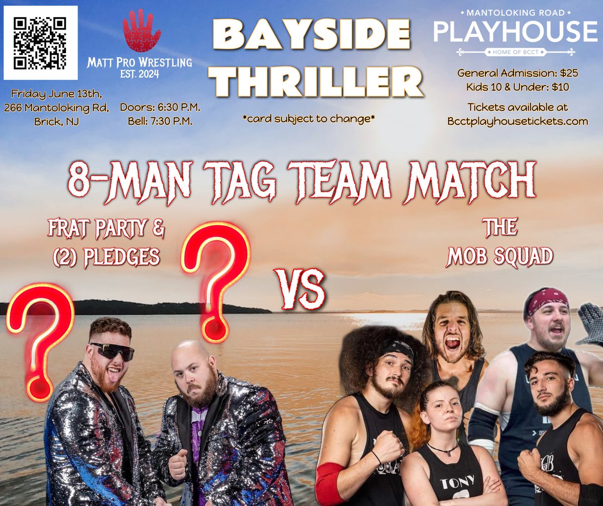 Matt Pro Wrestling (@thisismattpro) on Twitter photo 📣 BAYSIDE THRILLER MATCH ANNOUNCEMENT 📣
It’s an 8-MAN TAG , with the four members of Matt Pro’s chapter of THE MOB SQUAD (<a href="/TonyChini96/">Tony Chini</a> , <a href="/thegemzackruby/">"The GEM" Zack Ruby</a> <a href="/realjmaertens/">Jack Maertens</a> , <a href="/zackruby/">zakaria hashim</a> & <a href="/JoeyAngelo91/">Joey F’N Angelo</a> ) taking on FRAT PARTY (Fratboy Farva & Brother Falco) and two NEW PLEDGES ! 📣 BAYSIDE THRILLER MATCH ANNOUNCEMENT 📣
It’s an 8-MAN TAG , with the four members of Matt Pro’s chapter of THE MOB SQUAD (<a href="/TonyChini96/">Tony Chini</a> , <a href="/thegemzackruby/">"The GEM" Zack Ruby</a> <a href="/realjmaertens/">Jack Maertens</a> , <a href="/zackruby/">zakaria hashim</a> & <a href="/JoeyAngelo91/">Joey F’N Angelo</a> ) taking on FRAT PARTY (Fratboy Farva & Brother Falco) and two NEW PLEDGES !