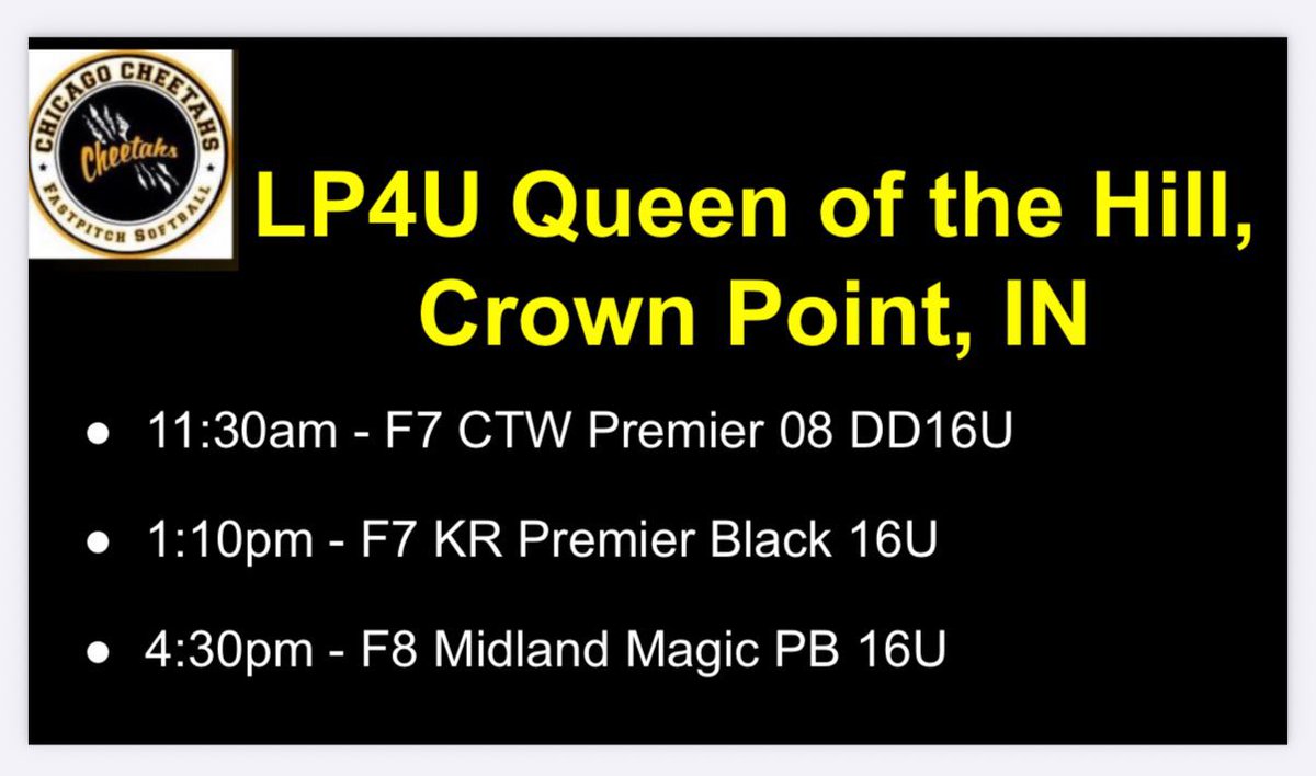 Our game schedule for Day 1 of LP4U Queen of The Hill!! 

<a href="/Cheetahs16uDG/">Chicago Cheetahs -Gorajski</a>
