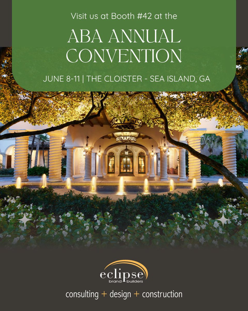 eclipsebbuilder's tweet image. Eclipse Brand Builders is heading to the Alabama Bankers Association Annual Convention! Join us in celebrating innovation and excellence in banking as we showcase how our design-build solutions help financial institutions grow, thrive, and better serve their communities.