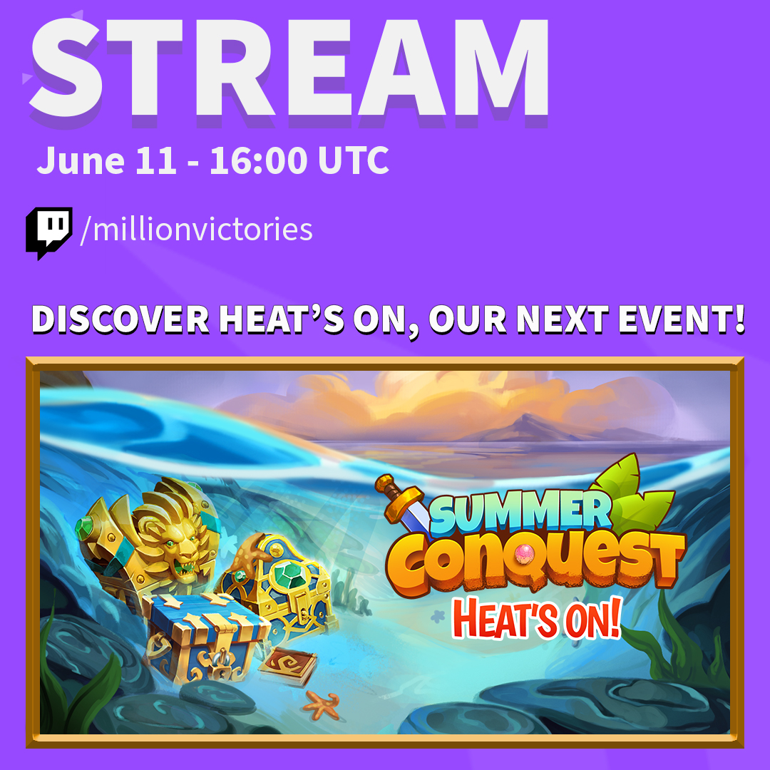 Join us for a new Twitch stream on Wednesday, June 11 at 16:00 UTC! 📅
➡️twitch.tv/millionvictori…

We'll be diving into the upcoming seasonal event in the Three Lands, Summer Conquest: Heat's On! ☀️
___
Join the community today on discord.gg/million-lords