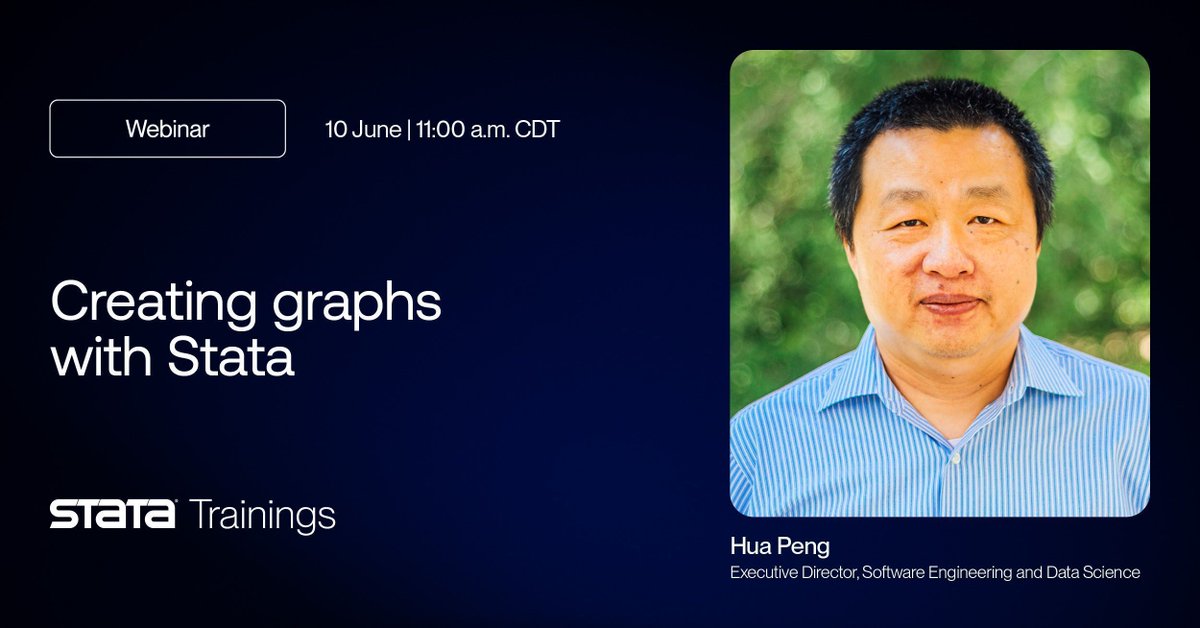 Webinar: Creating graphs with Stata

June 10 | 11:00 a.m. CDT
Hua Peng, StataCorp

Learn how to build, layer, and customize graphs—from distributions to complex results.
Visualize what matters.

#StataWebinar #StataCommunity