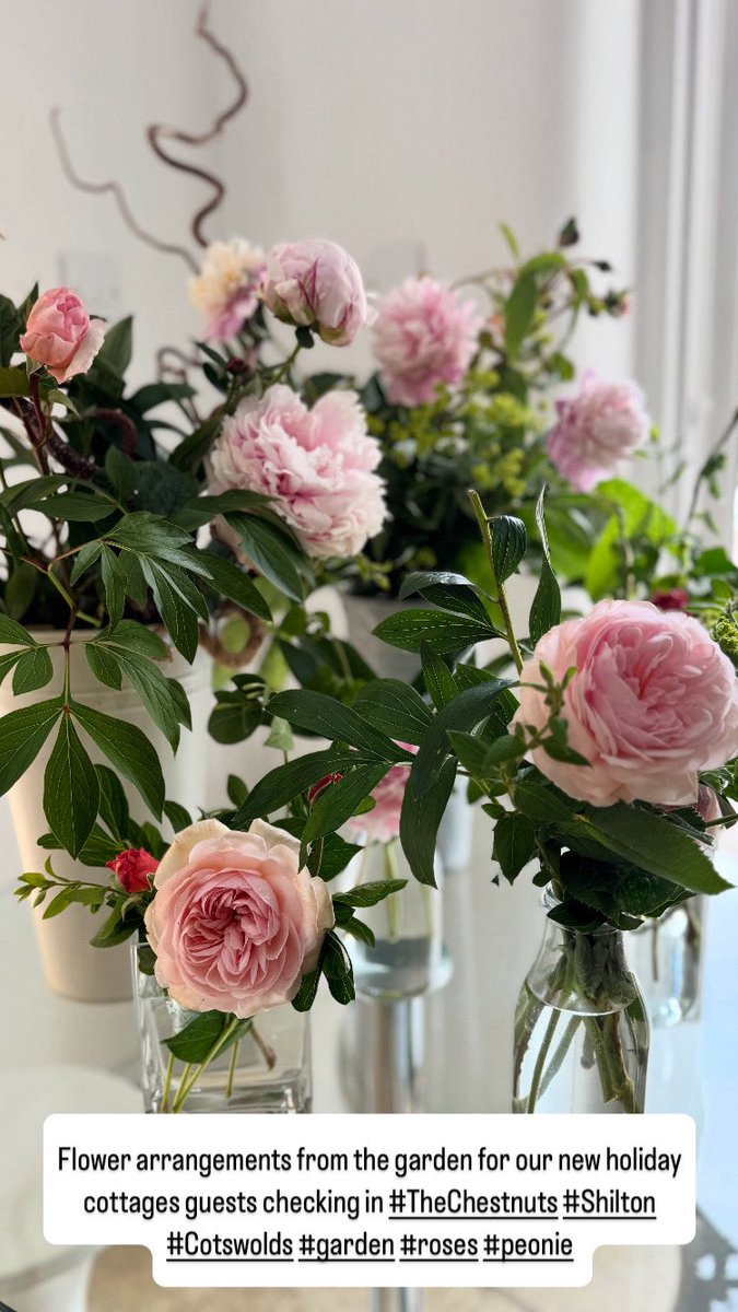 Flower arrangements from the garden for our new holiday cottages guests checking in #TheChestnuts #Shilton #Cotswolds #garden #roses #peonie